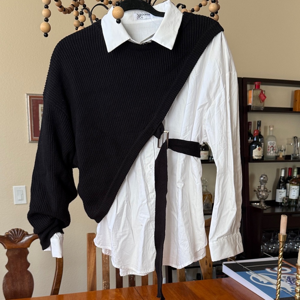 Asymmetrical Black Crewneck Sweater with White Shirt Layer